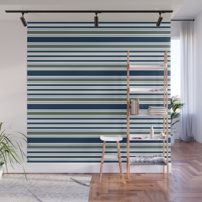 Navy Blue And Sage Green Horizontal Stripes Wall Mural Gallery Image 1