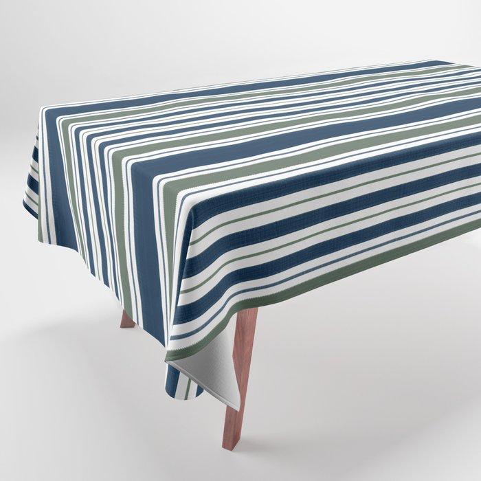 Navy Blue And Sage Green Horizontal Stripes Tablecloth Gallery Image 1