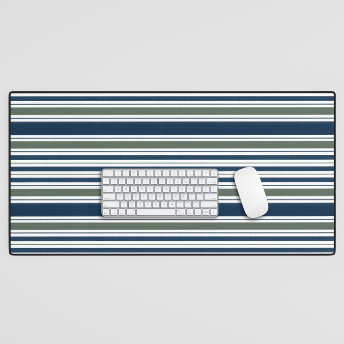 Navy Blue And Sage Green Horizontal Stripes Desk Mat Gallery Image 1