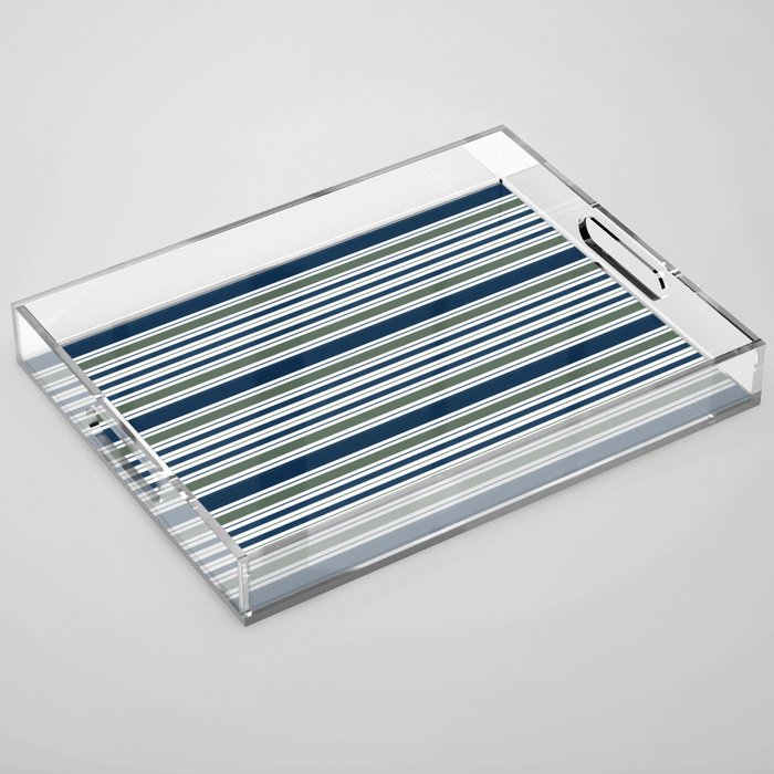 Navy Blue And Sage Green Horizontal Stripes Acrylic Tray Gallery Image 1