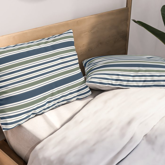 Navy Blue And Sage Green Horizontal Stripes Pillow Sham Gallery Image 2