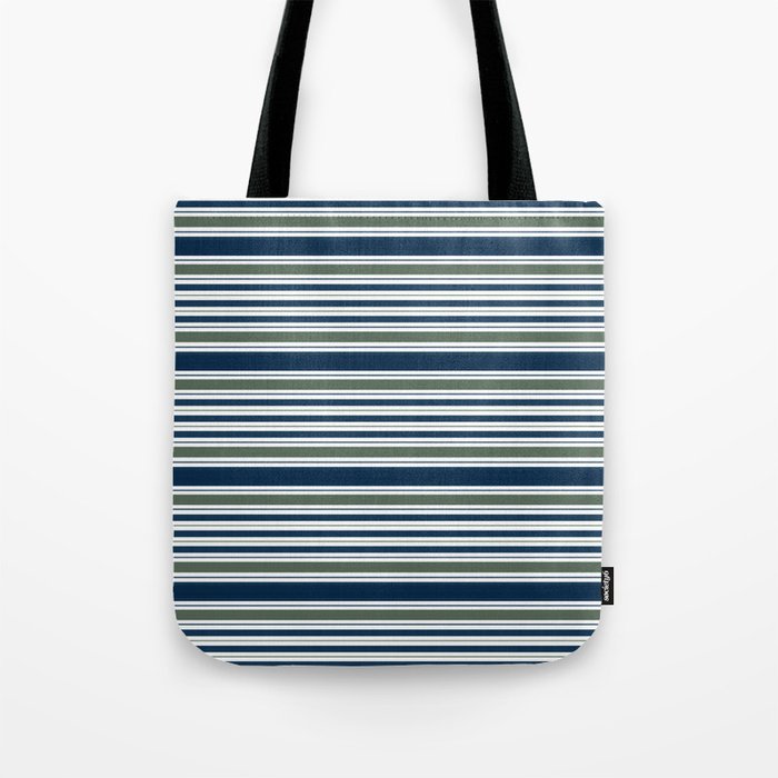 Navy Blue And Sage Green Horizontal Stripes Tote Bag Gallery Image 1