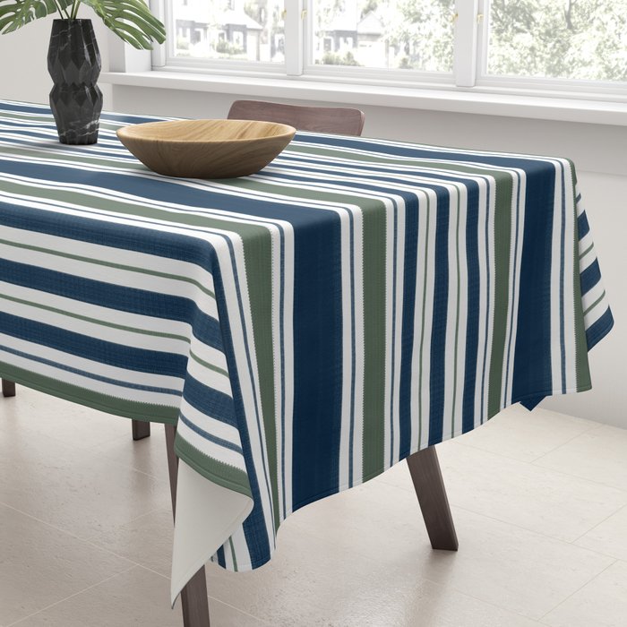 Navy Blue And Sage Green Horizontal Stripes Tablecloth Gallery Image 3