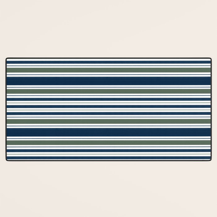 Navy Blue And Sage Green Horizontal Stripes Desk Mat Gallery Image 3