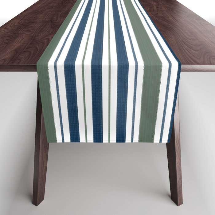 Navy Blue And Sage Green Horizontal Stripes Table Runner Gallery Image 1