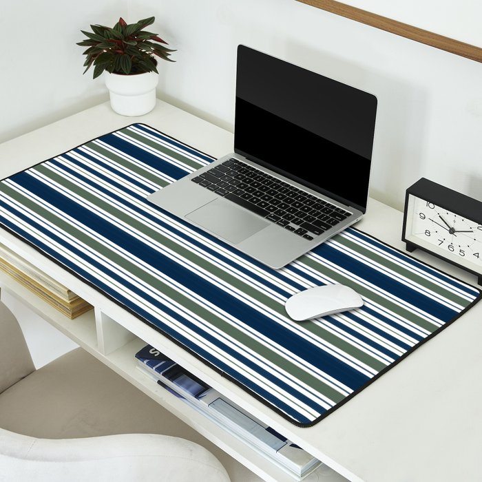 Navy Blue And Sage Green Horizontal Stripes Desk Mat Gallery Image 2