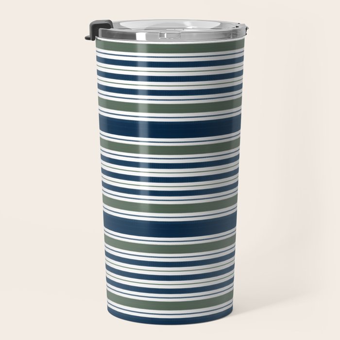 Navy Blue And Sage Green Horizontal Stripes Travel Mug Gallery Image 3