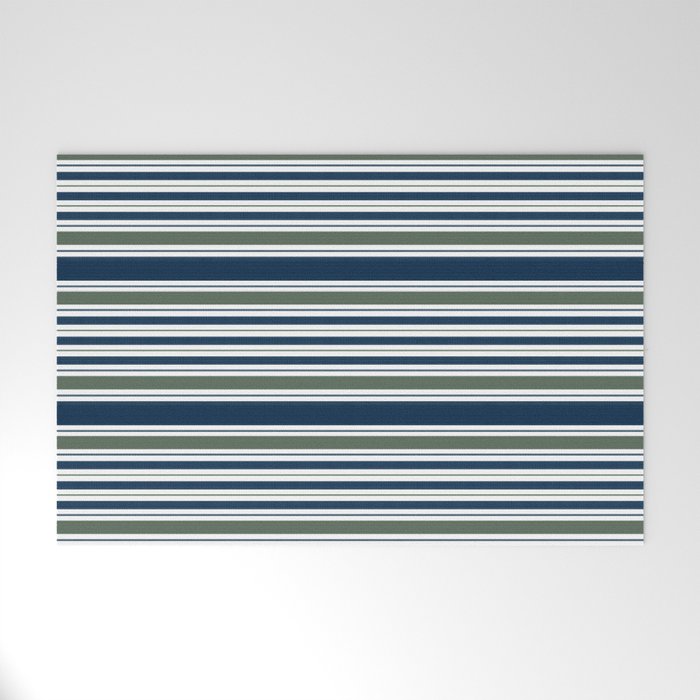 Navy Blue And Sage Green Horizontal Stripes Welcome Mat Gallery Image 1