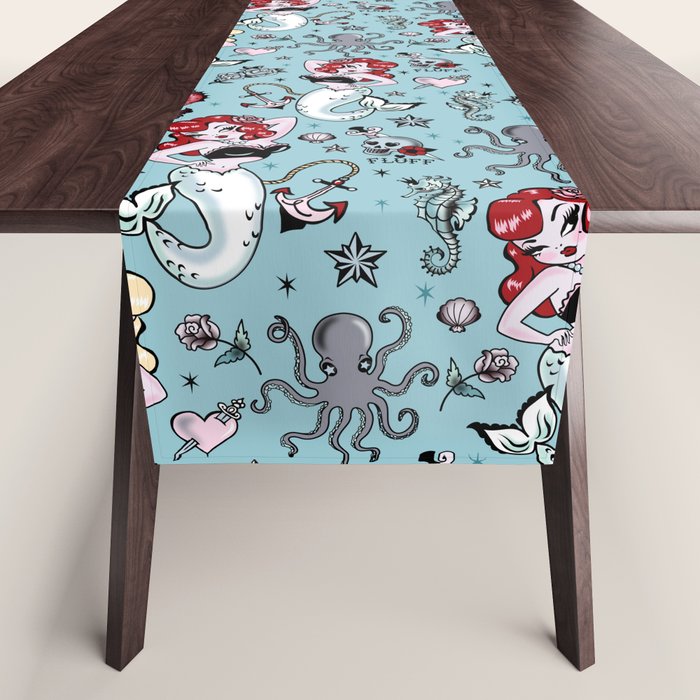 Molly Mermaid vintage pinup inspired nautical tattoo Table Runner Gallery Image 1