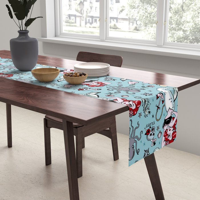 Molly Mermaid vintage pinup inspired nautical tattoo Table Runner Gallery Image 2
