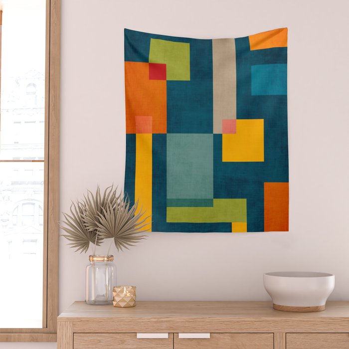 Colorful Geometric Shapes Navy Background Modern Artwork Wall Tapestry Gallery Image 2