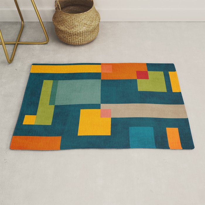 Colorful Geometric Shapes Navy Background Modern Artwork Rug Gallery Image 1