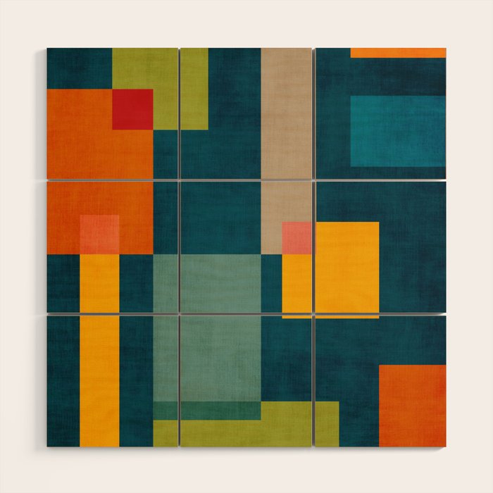 Colorful Geometric Shapes Navy Background Modern Artwork Wood Wall Art Gallery Image 1