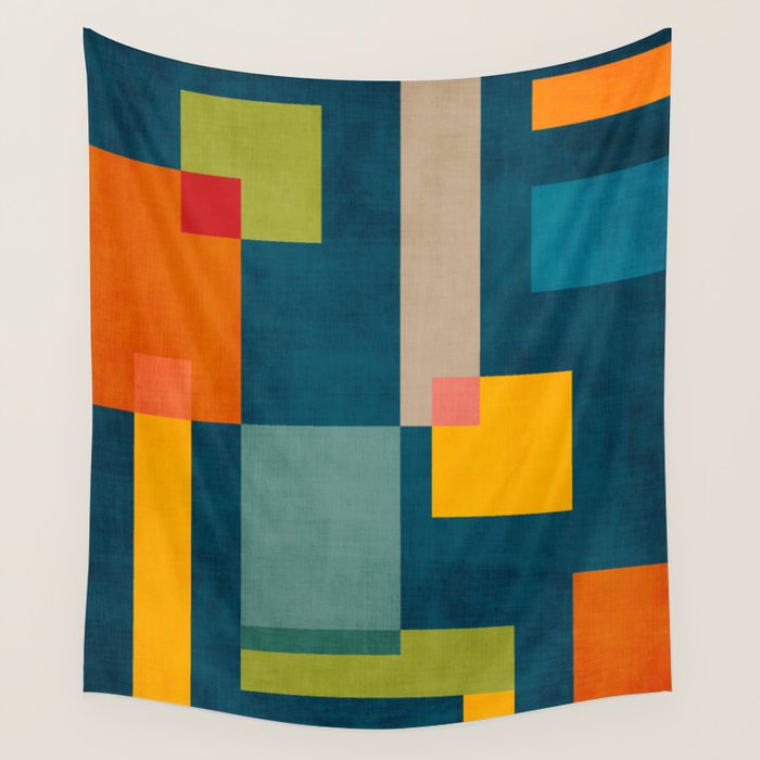 Colorful Geometric Shapes Navy Background Modern Artwork Wall Tapestry Gallery Image 4