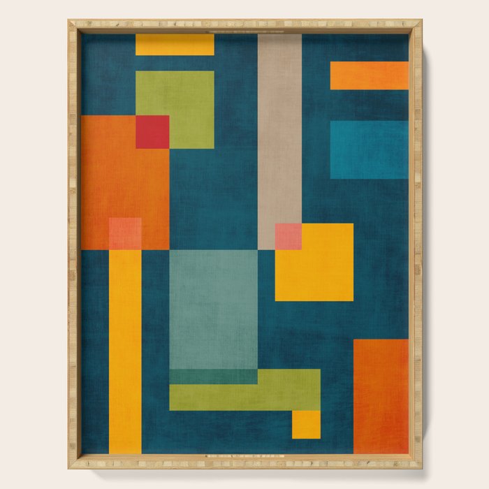 Colorful Geometric Shapes Navy Background Modern Artwork Serving Tray Gallery Image 1