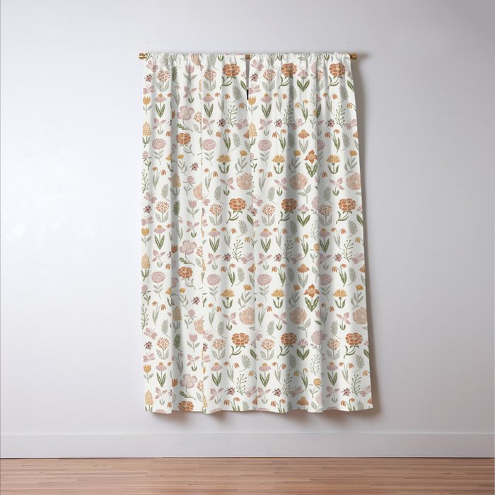 Botanical Woodcut - floral daisies, ditsy woodcut, boho, fall, autumn, flowers Window Curtain Gallery Image 3