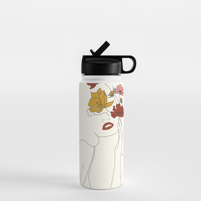 Colorful Thoughts Minimal Line Art Woman with Flowers Water Bottle Gallery Image 1