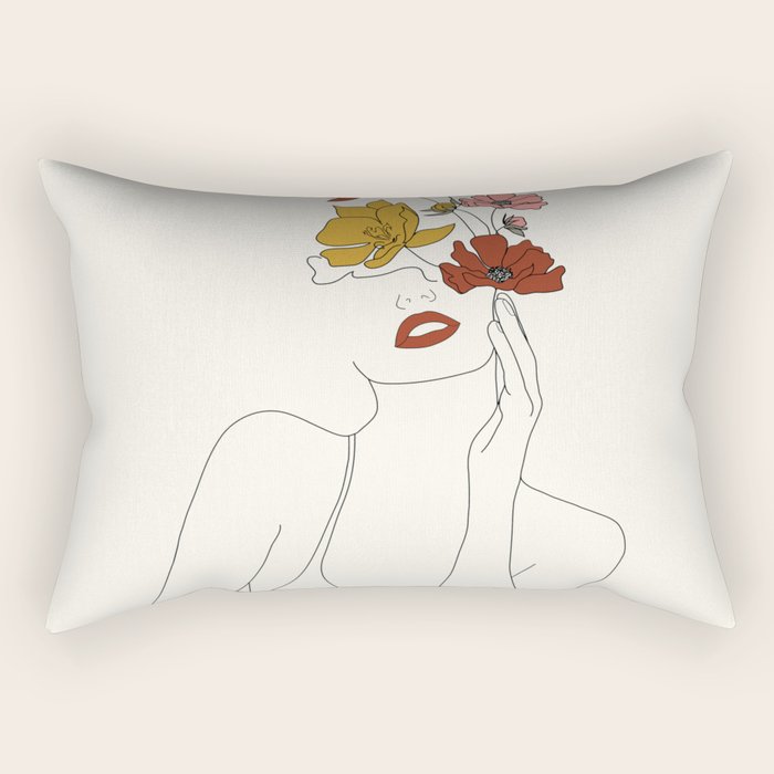 Colorful Thoughts Minimal Line Art Woman with Flowers Rectangular Pillow Gallery Image 2