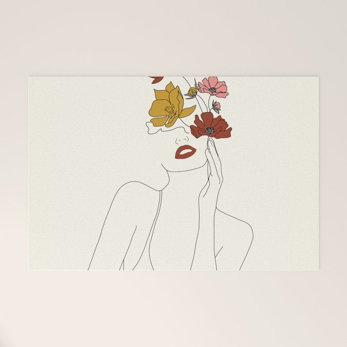 Colorful Thoughts Minimal Line Art Woman with Flowers Welcome Mat Gallery Image 1