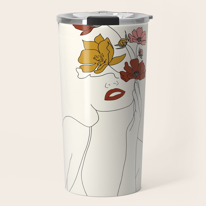 Colorful Thoughts Minimal Line Art Woman with Flowers Travel Mug Gallery Image 1
