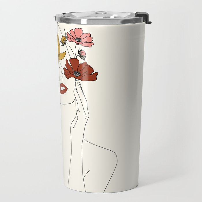 Colorful Thoughts Minimal Line Art Woman with Flowers Travel Mug Gallery Image 2