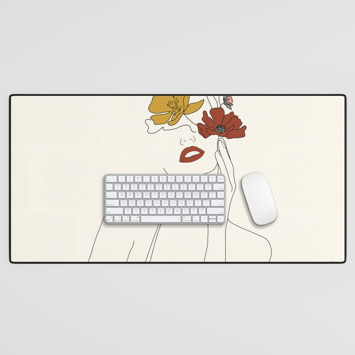 Colorful Thoughts Minimal Line Art Woman with Flowers Desk Mat Gallery Image 1