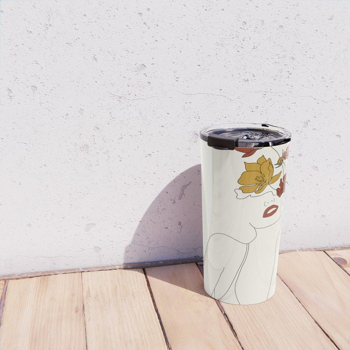 Colorful Thoughts Minimal Line Art Woman with Flowers Travel Mug Gallery Image 4