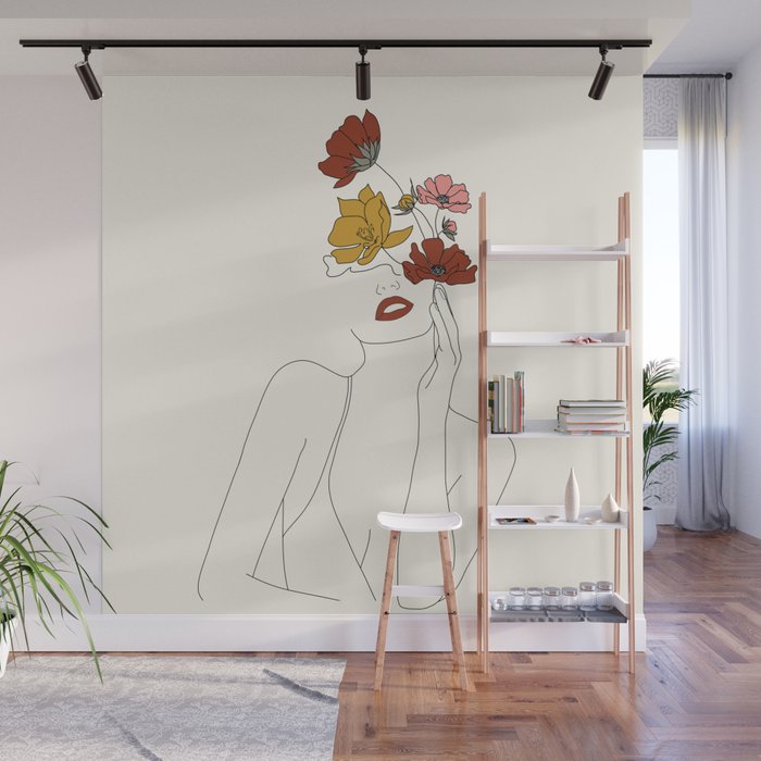 Colorful Thoughts Minimal Line Art Woman with Flowers Wall Mural Gallery Image 1