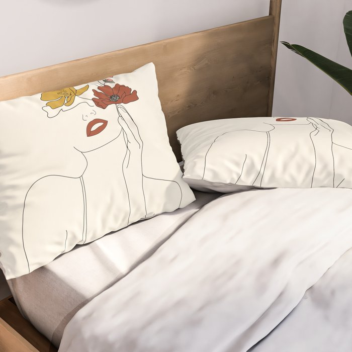 Colorful Thoughts Minimal Line Art Woman with Flowers Pillow Sham Gallery Image 2