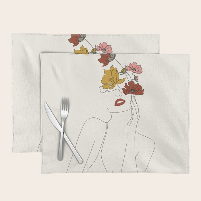 Colorful Thoughts Minimal Line Art Woman with Flowers Placemat Gallery Image 1