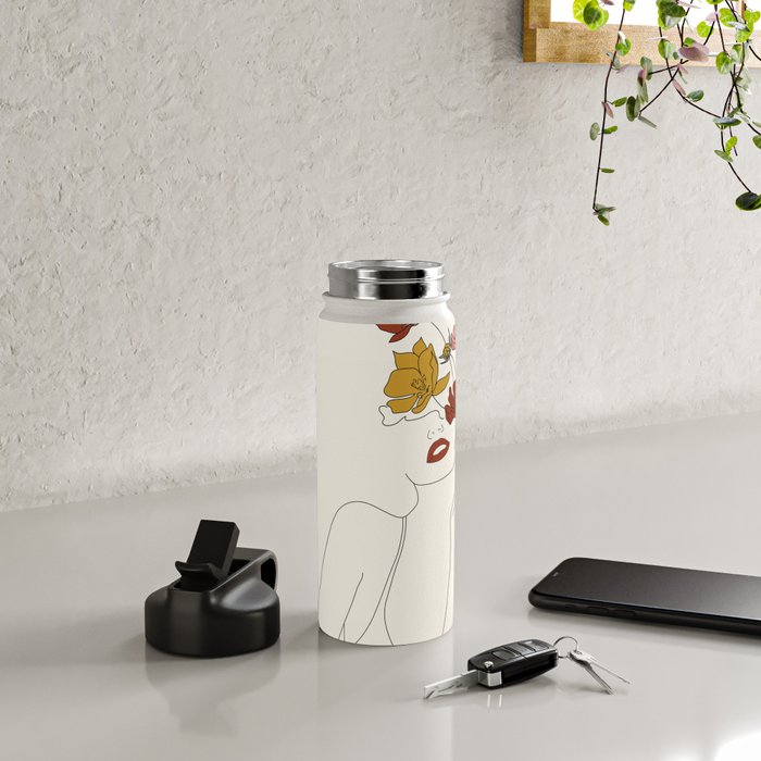 Colorful Thoughts Minimal Line Art Woman with Flowers Water Bottle Gallery Image 5