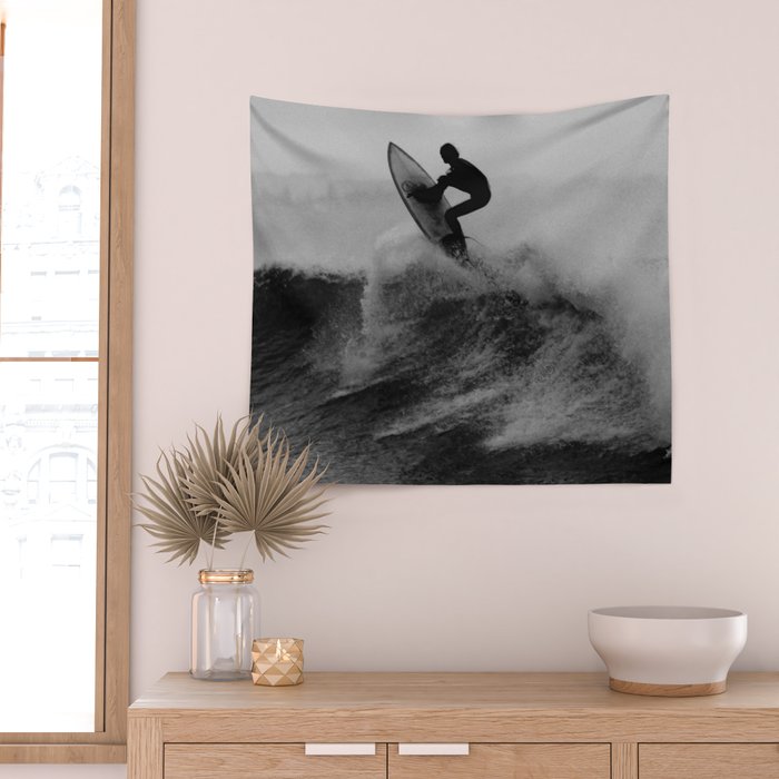 Surf black white Wall Tapestry Gallery Image 2