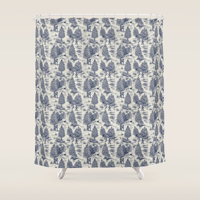 Bigfoot / Sasquatch Toile de Jouy in Blue Shower Curtain Gallery Image 1