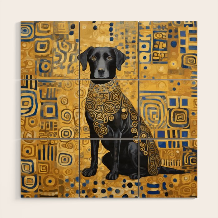 Gustav Klimt Style Dog with Blue and Gold Patterns Wood Wall Art Gallery Image 1