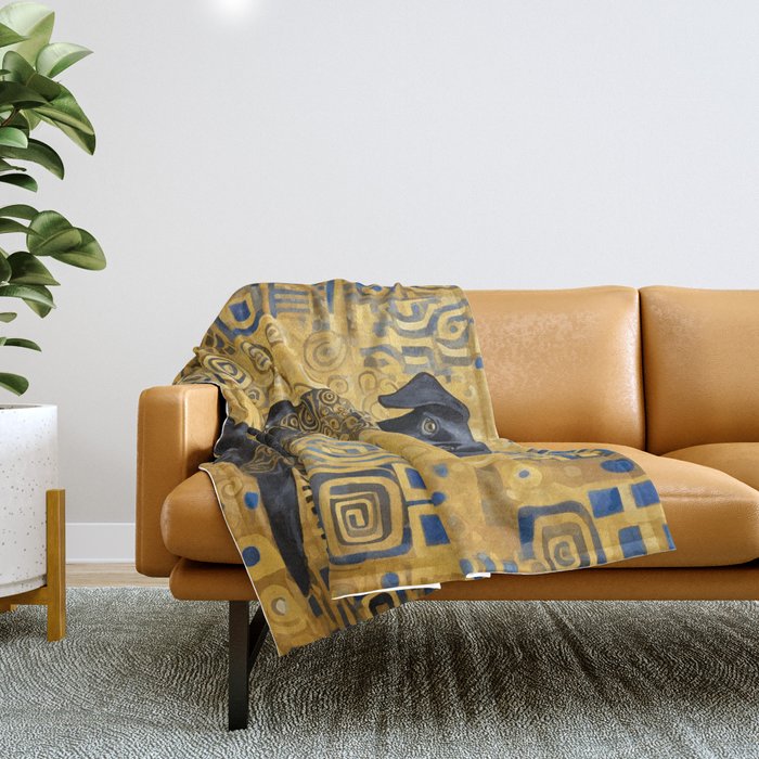 Gustav Klimt Style Dog with Blue and Gold Patterns Throw Blanket Gallery Image 1