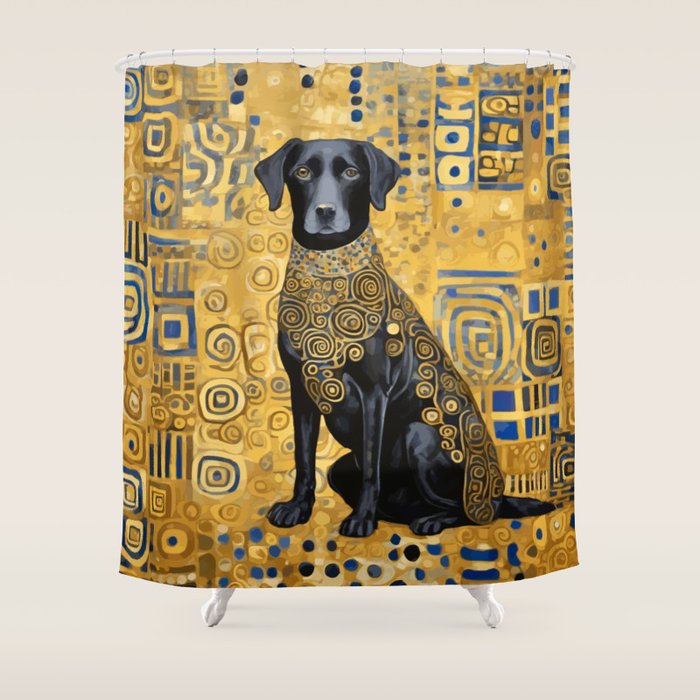Gustav Klimt Style Dog with Blue and Gold Patterns Shower Curtain Gallery Image 1