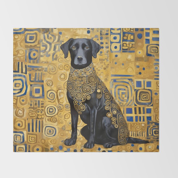 Gustav Klimt Style Dog with Blue and Gold Patterns Throw Blanket Gallery Image 2
