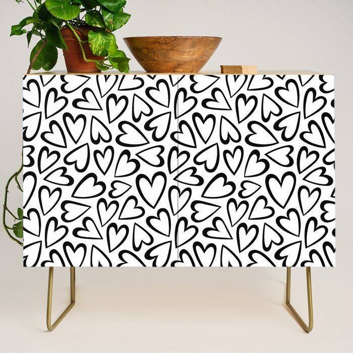 Black and white love heart cartoon pattern Credenza Gallery Image 1