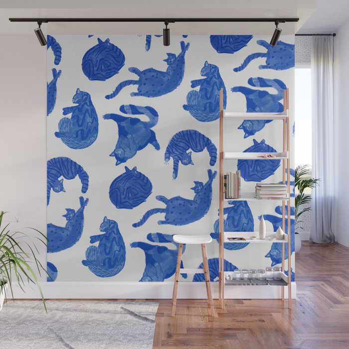 Sleepy Cozy Kitty Cats in Royal Blue & White Wall Mural Gallery Image 1