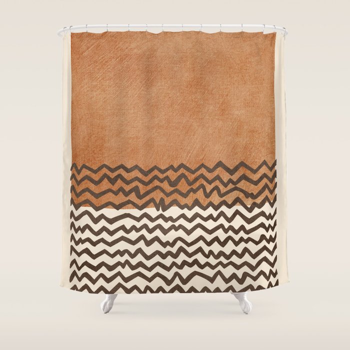 Terracotta Black Waves Abstract Artwork Shower Curtain Gallery Image 1