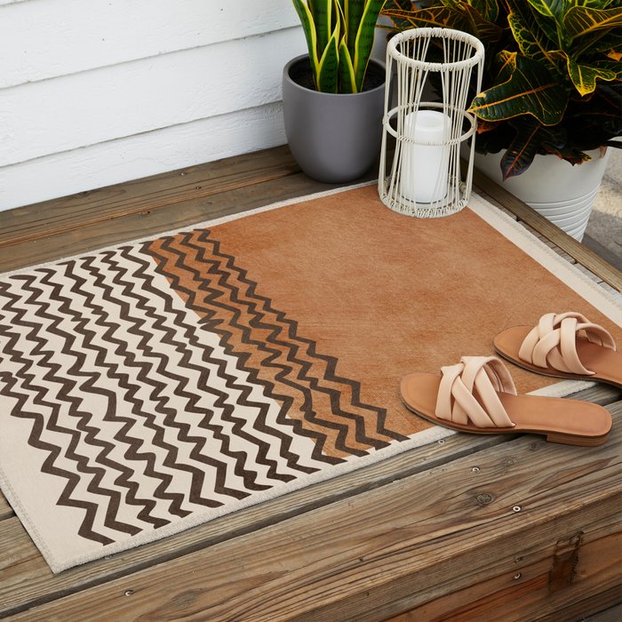 Terracotta Black Waves Abstract Artwork Outdoor Rug Gallery Image 2
