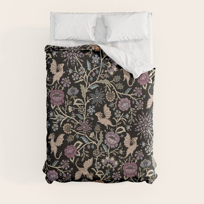 Pollinator Dragons - fantasy, goth floral - muted jewel tones on black Duvet Cover Gallery Image 8
