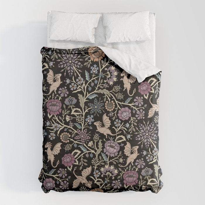 Pollinator Dragons - fantasy, goth floral - muted jewel tones on black Duvet Cover Gallery Image 1