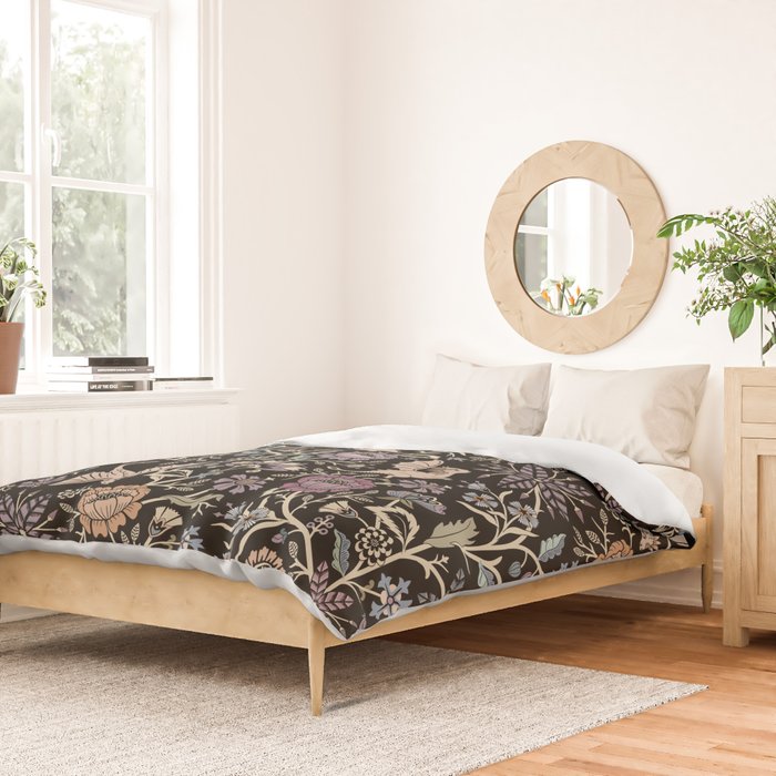 Pollinator Dragons - fantasy, goth floral - muted jewel tones on black Duvet Cover Gallery Image 2