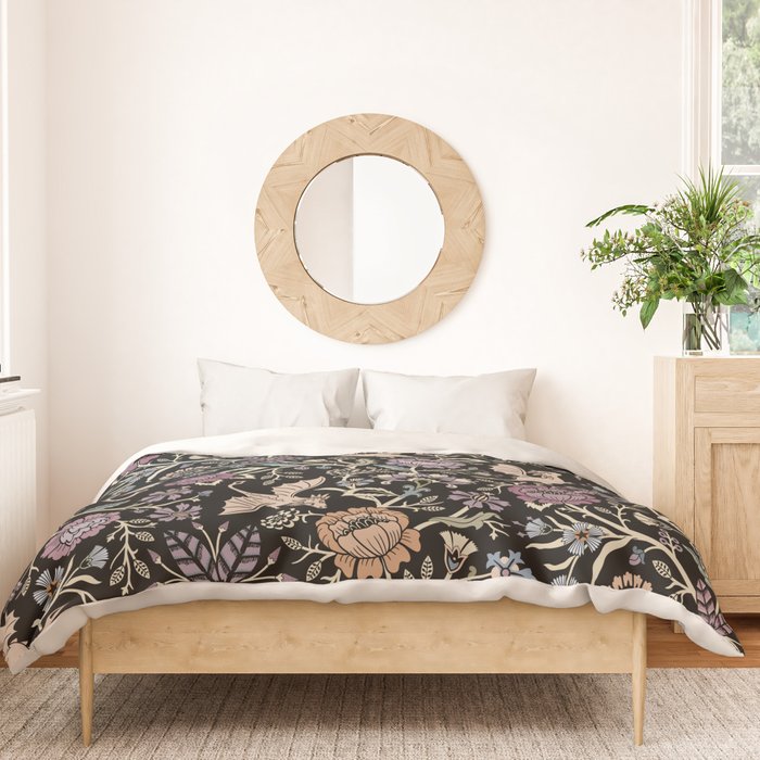 Pollinator Dragons - fantasy, goth floral - muted jewel tones on black Duvet Cover Gallery Image 3