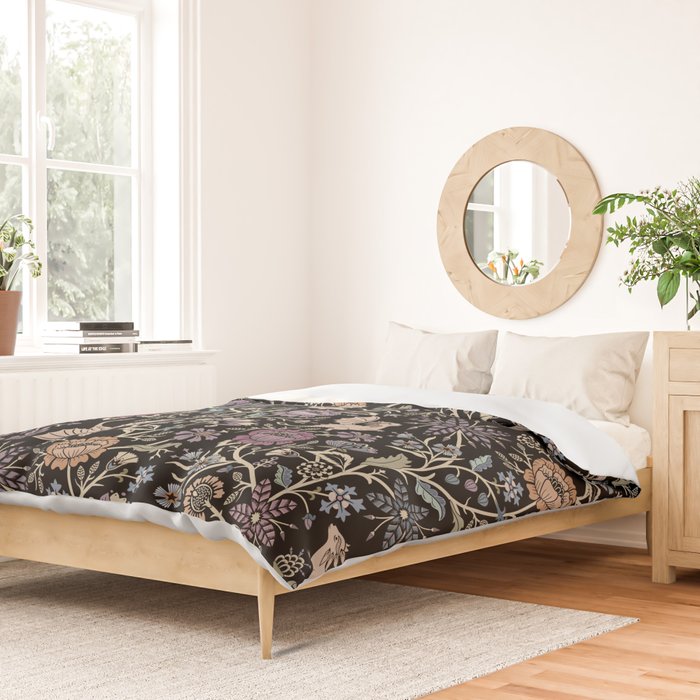 Pollinator Dragons - fantasy, goth floral - muted jewel tones on black Duvet Cover Gallery Image 2