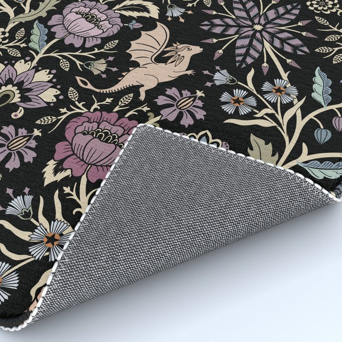 Pollinator Dragons - fantasy, goth floral - muted jewel tones on black Rug Gallery Image 4