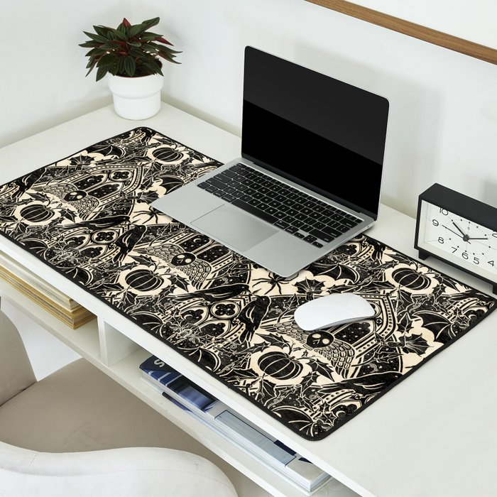 Gothic Halloween Damask - black and cream Desk Mat Gallery Image 2