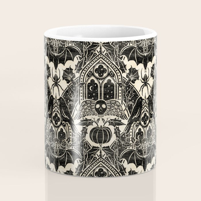 Gothic Halloween Damask - black and cream Coffee Mug Gallery Image 4