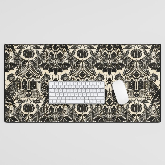 Gothic Halloween Damask - black and cream Desk Mat Gallery Image 1